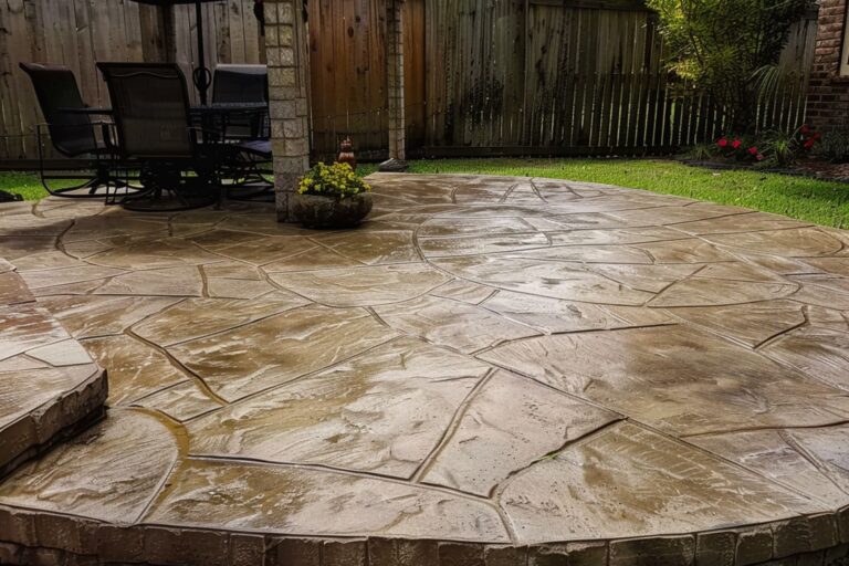 stamped concrete patio with glossy finish